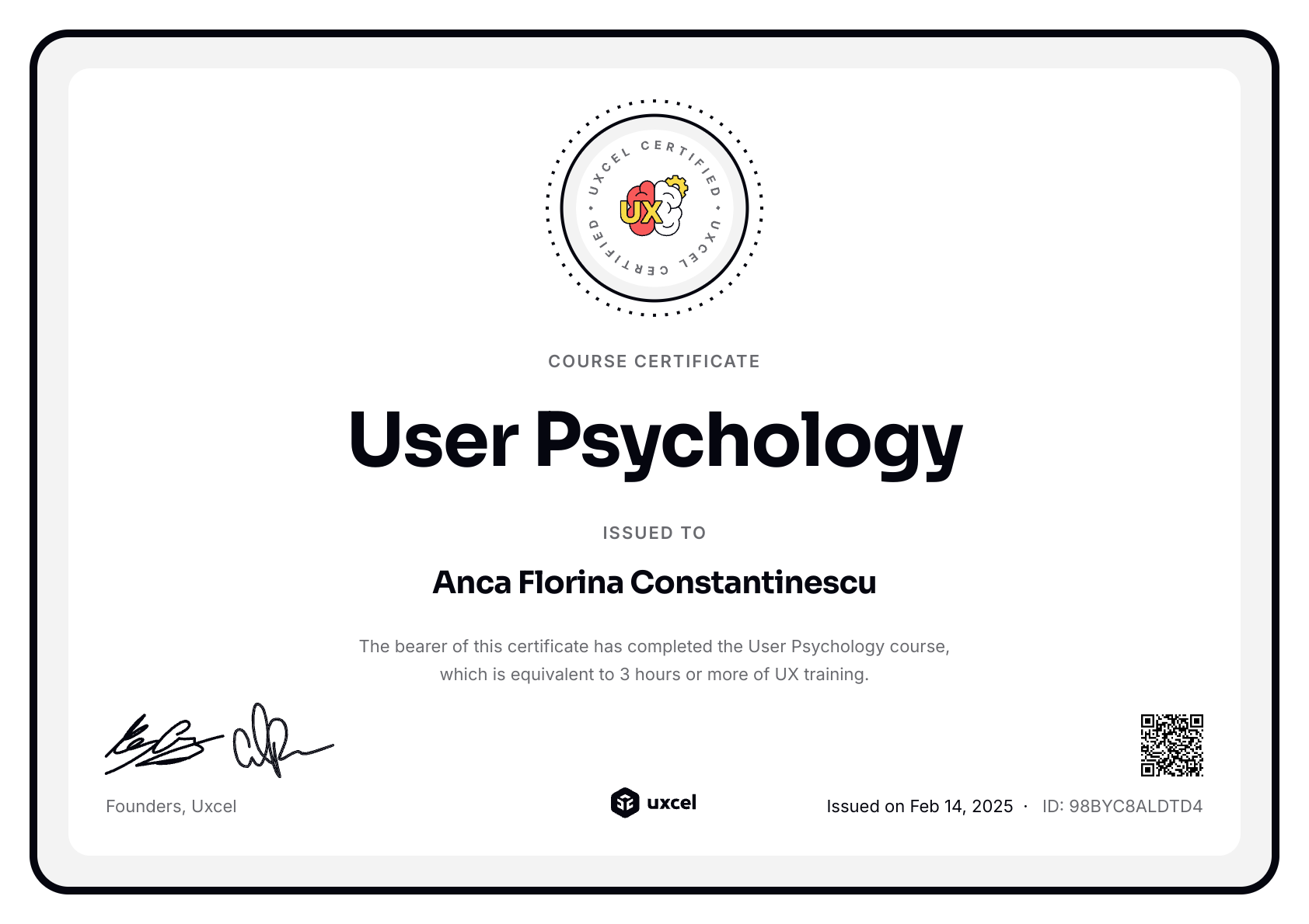 Anca Florina Constantinescu's certificate